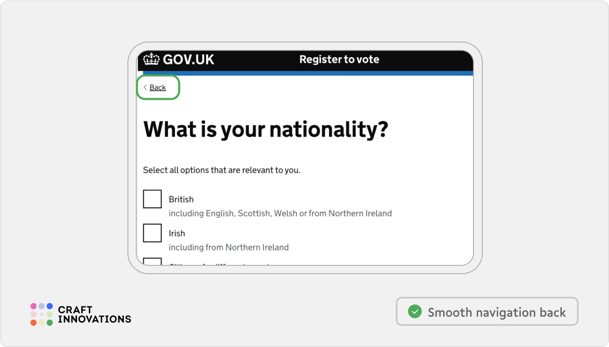 Usability Principles by Craft Innovations - 1.3 Smooth Navigation Back and Forth (GovUk)