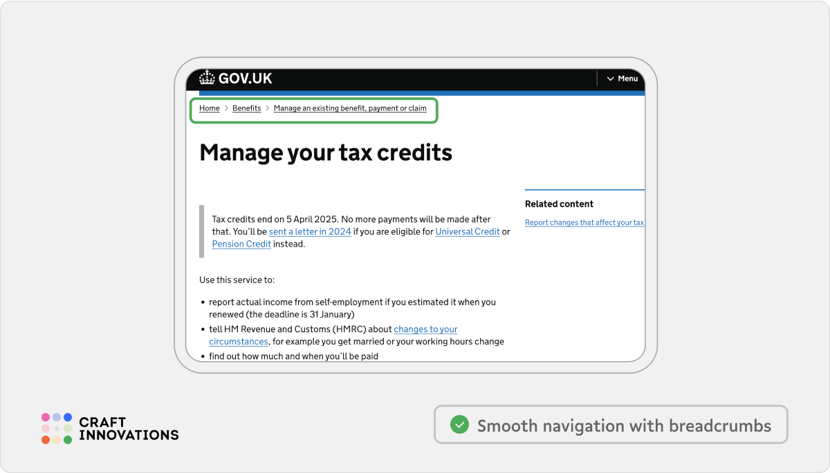 Usability Principles by Craft Innovations - 1.3 Smooth Navigation Back and Forth (GovUk)