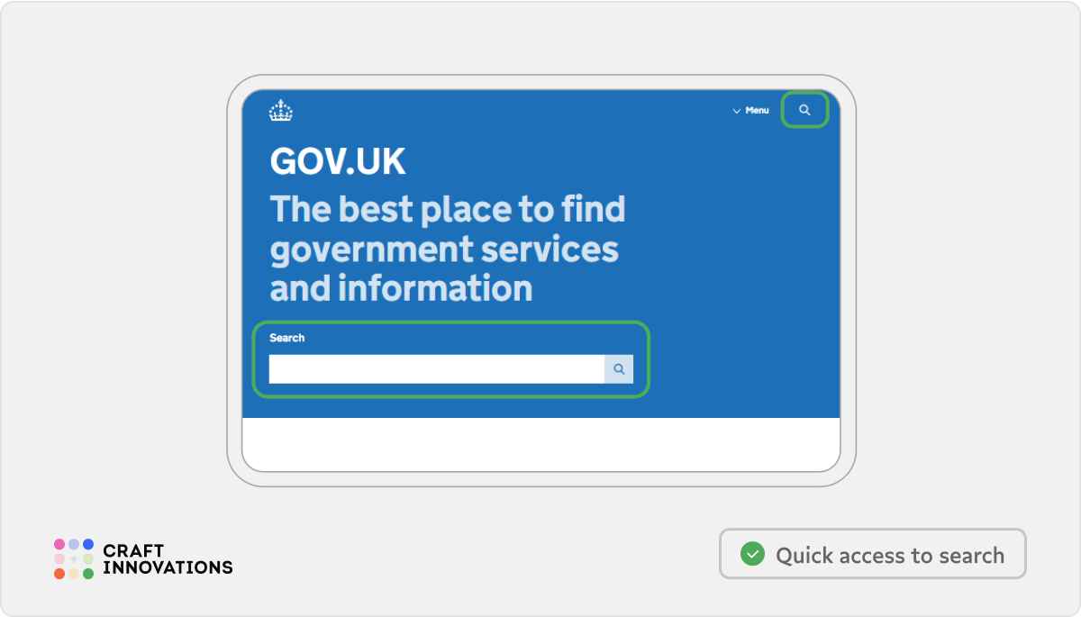 Usability Principles by Craft Innovations - 1.4. Easy Access to Search (GovUk)