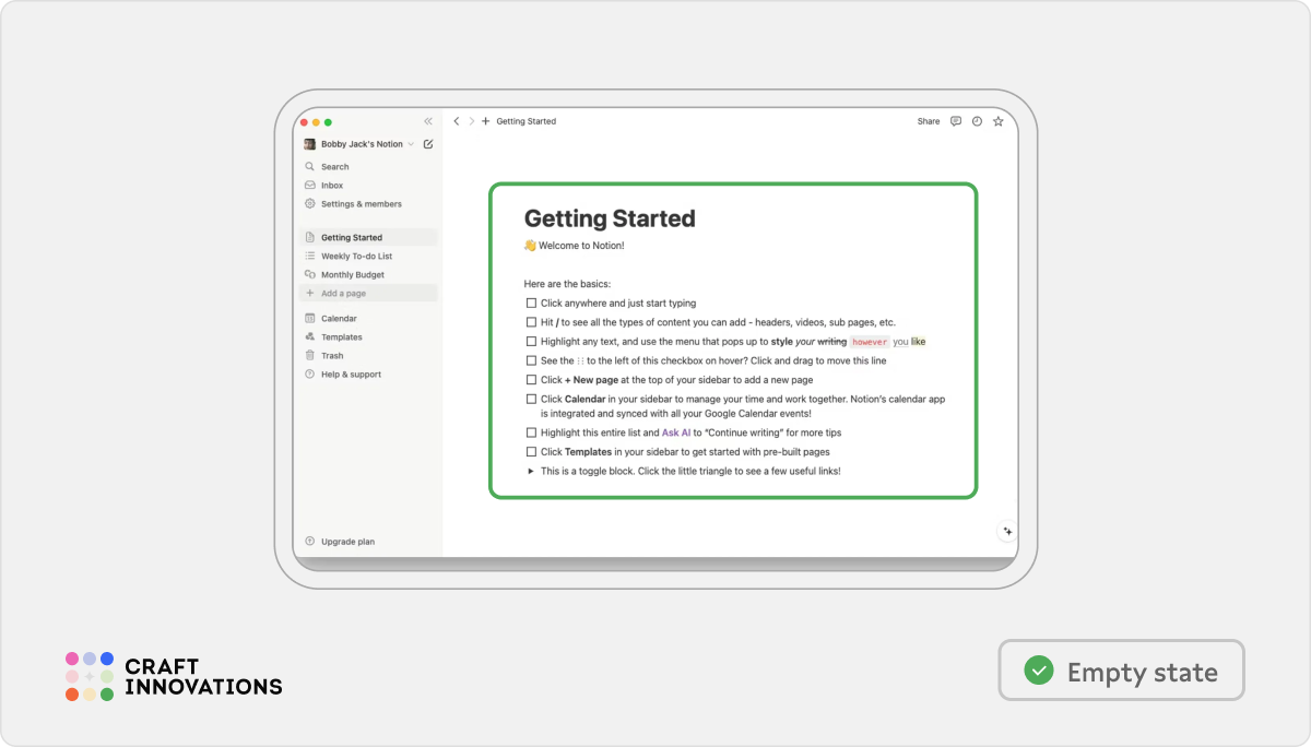User Engagement. Usability Principles by Craft Innovations - 4.1. Engaging Start to Interaction (Notion Example)