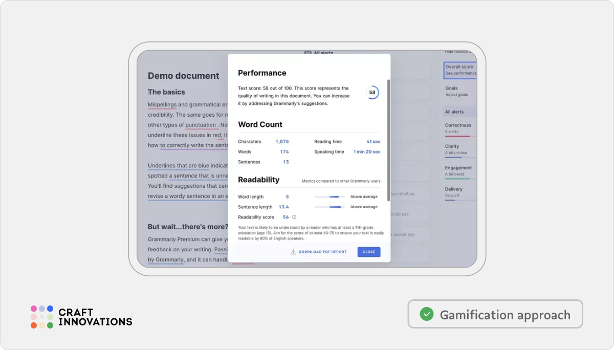 User Engagement. Usability Principles by Craft Innovations - 4.3. Personalization and Gamification (Grammarly Example)