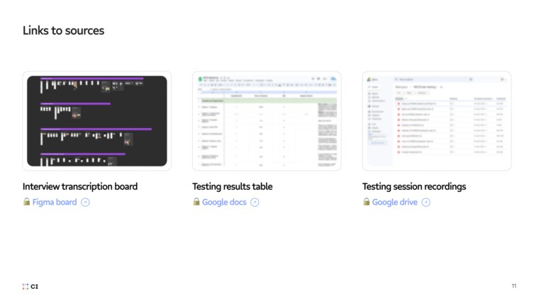 Screenshot showing Figma board with interview transcripts, Google Sheets with test data, and Drive folder with session recordings.