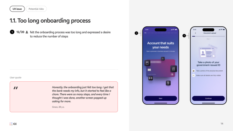 Quote from user about long onboarding with screens showing account setup and ID upload.