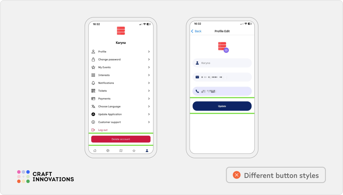 Internal Consistency. Usability Principles by Craft Innovations - 5.3.5. Different Button Styles