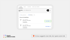 Arrow suggests new tab, but opens same tab: Ticketmaster